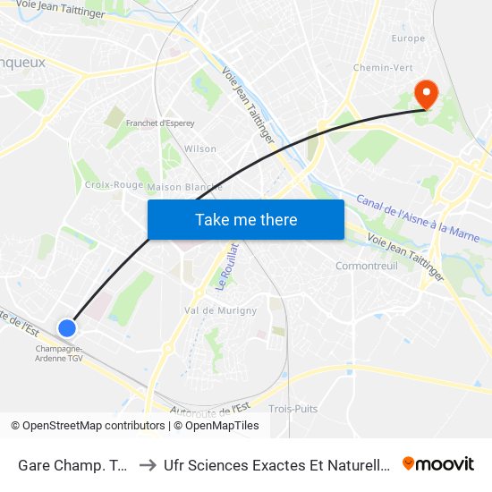 Gare De Champagne-Ardenne Tgv to Ufr Sciences Exactes Et Naturelles map