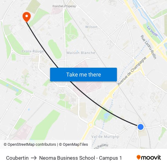 Coubertin to Neoma Business School - Campus 1 map