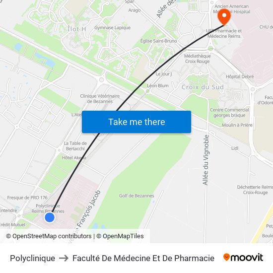 Polyclinique to Faculté De Médecine Et De Pharmacie map