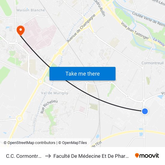 C.C. Cormontreuil to Faculté De Médecine Et De Pharmacie map