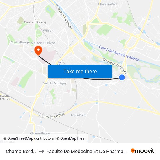 Champ Berdin to Faculté De Médecine Et De Pharmacie map