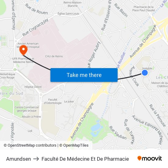 Amundsen to Faculté De Médecine Et De Pharmacie map