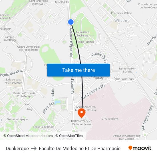 Dunkerque to Faculté De Médecine Et De Pharmacie map