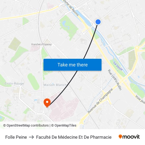 Folle Peine to Faculté De Médecine Et De Pharmacie map