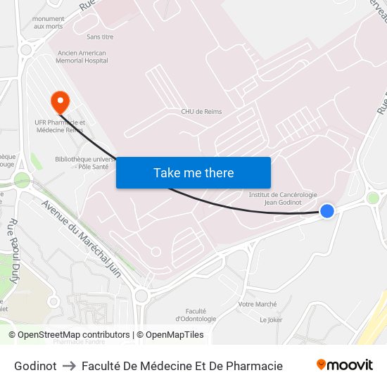 Godinot to Faculté De Médecine Et De Pharmacie map