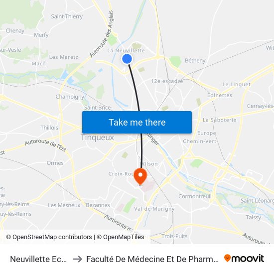 Neuvillette Ecole to Faculté De Médecine Et De Pharmacie map
