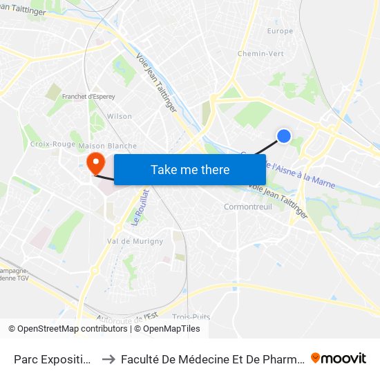 Parc Expositions to Faculté De Médecine Et De Pharmacie map