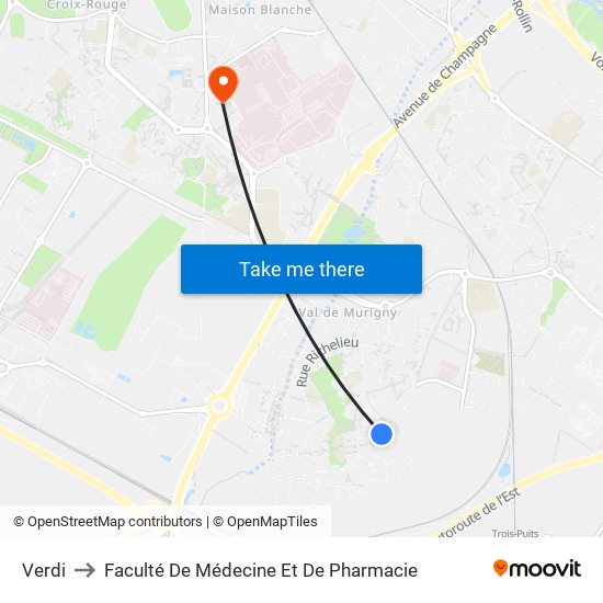 Verdi to Faculté De Médecine Et De Pharmacie map