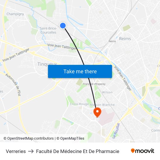 Verreries to Faculté De Médecine Et De Pharmacie map