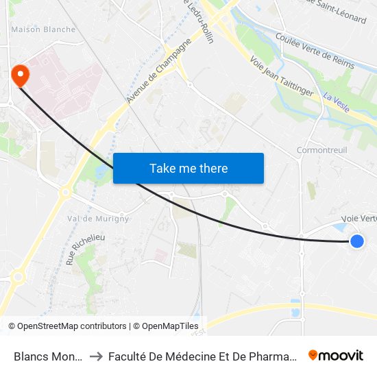 Blancs Monts to Faculté De Médecine Et De Pharmacie map
