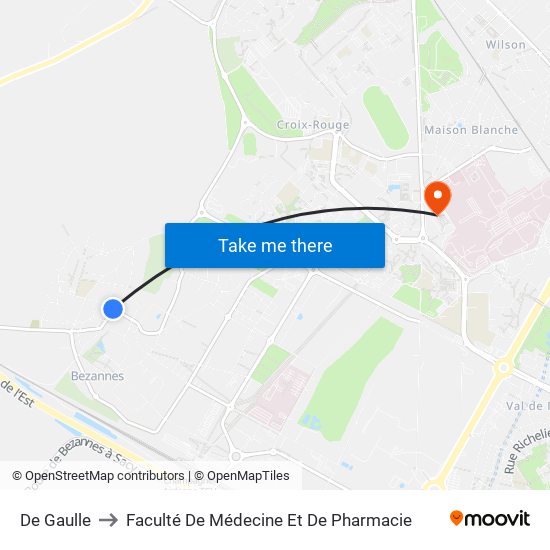 De Gaulle to Faculté De Médecine Et De Pharmacie map