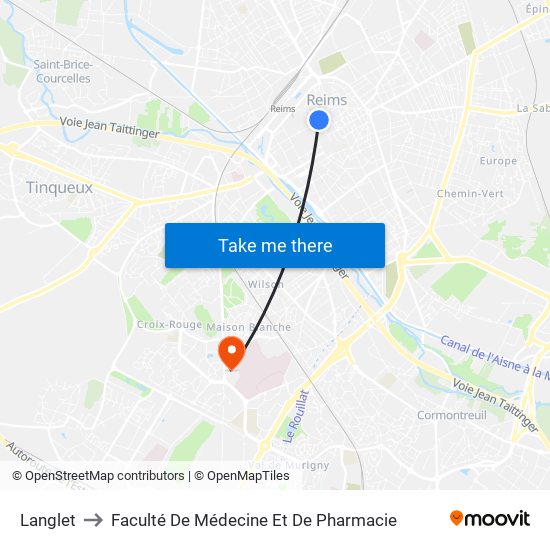 Langlet to Faculté De Médecine Et De Pharmacie map