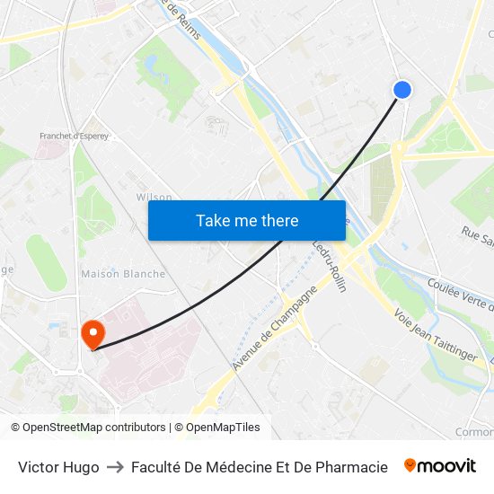 Victor Hugo to Faculté De Médecine Et De Pharmacie map