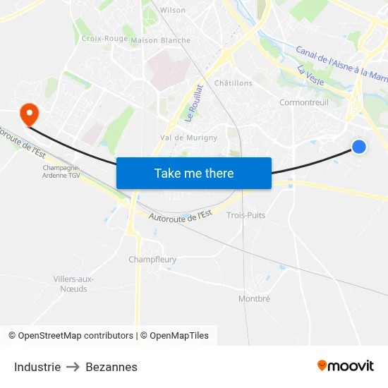 Industrie to Bezannes map