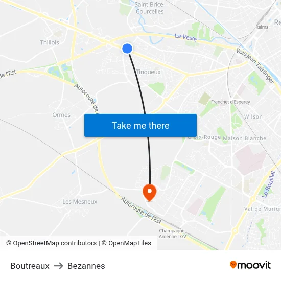 Boutreaux to Bezannes map