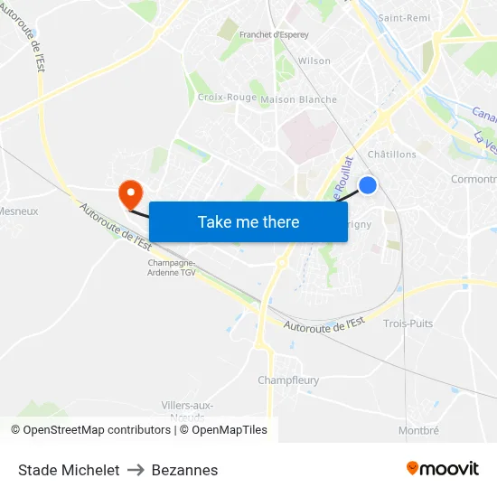 Stade Michelet to Bezannes map