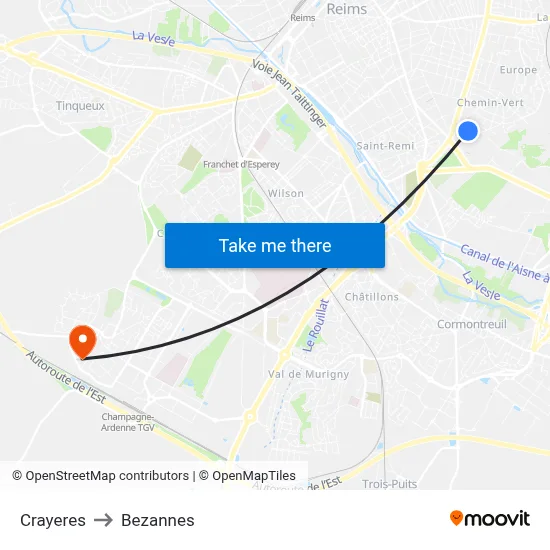 Crayeres to Bezannes map