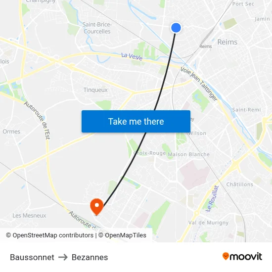 Baussonnet to Bezannes map