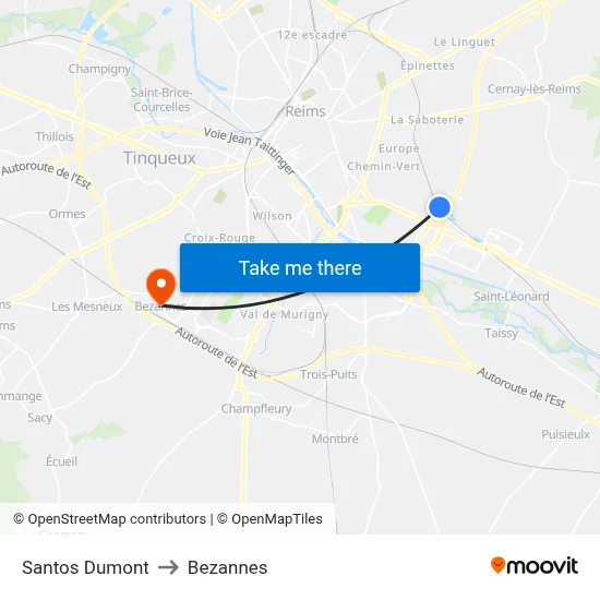 Santos Dumont to Bezannes map