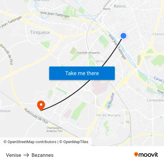 Venise to Bezannes map