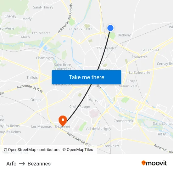 Arfo to Bezannes map