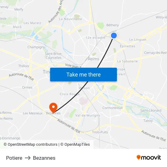 Potiere to Bezannes map