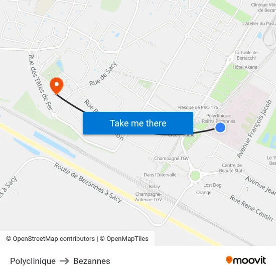 Polyclinique to Bezannes map