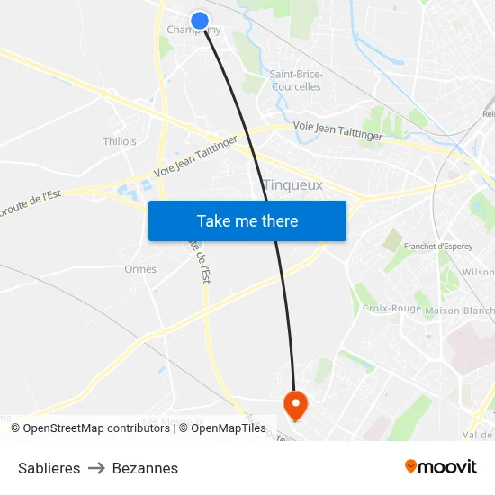 Sablieres to Bezannes map