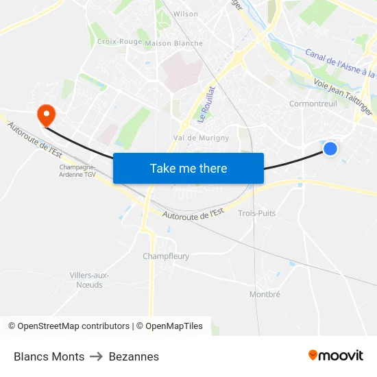 Blancs Monts to Bezannes map