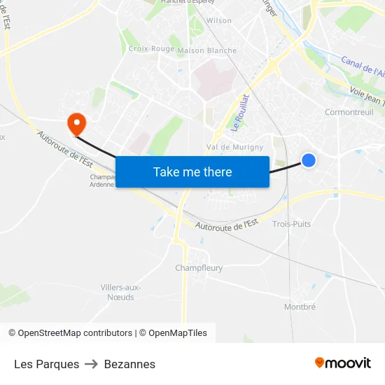 Les Parques to Bezannes map