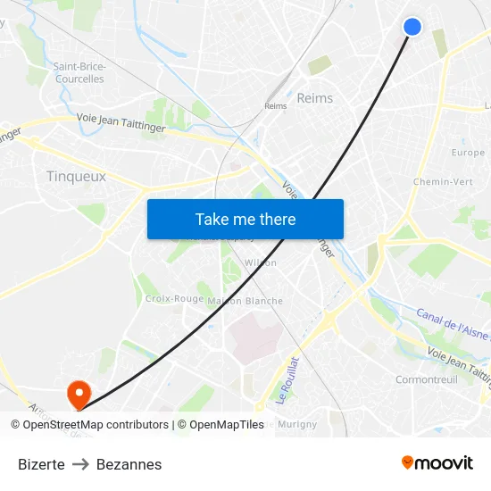 Bizerte to Bezannes map