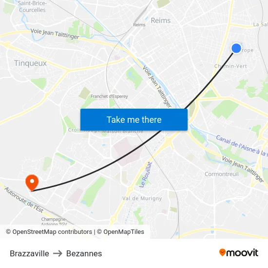Brazzaville to Bezannes map