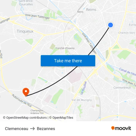 Clemenceau to Bezannes map