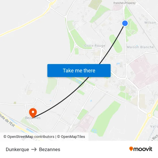 Dunkerque to Bezannes map