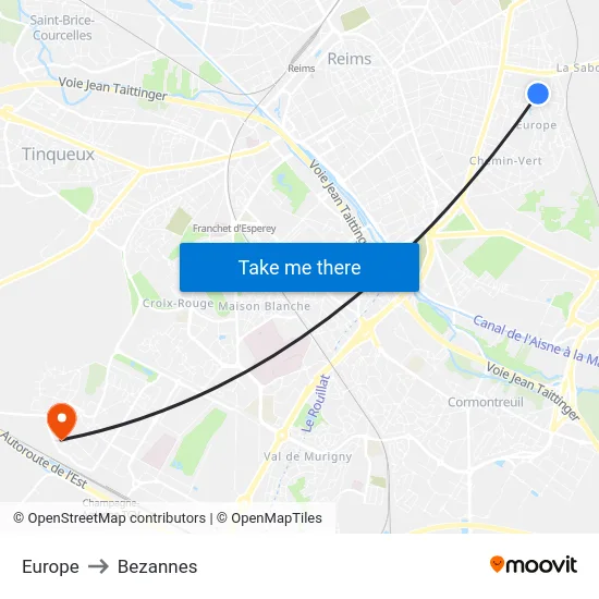 Europe to Bezannes map