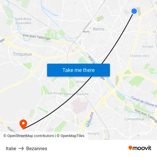 Italie to Bezannes map