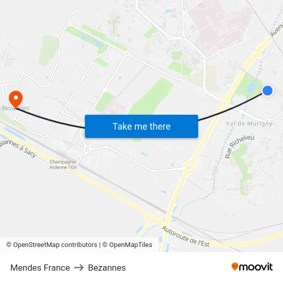 Mendes France to Bezannes map