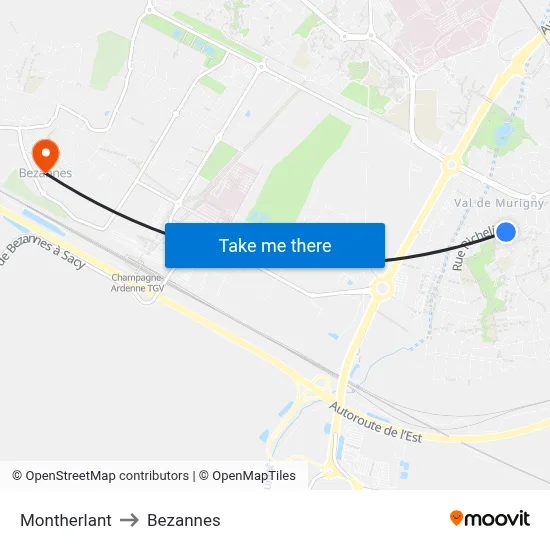 Montherlant to Bezannes map