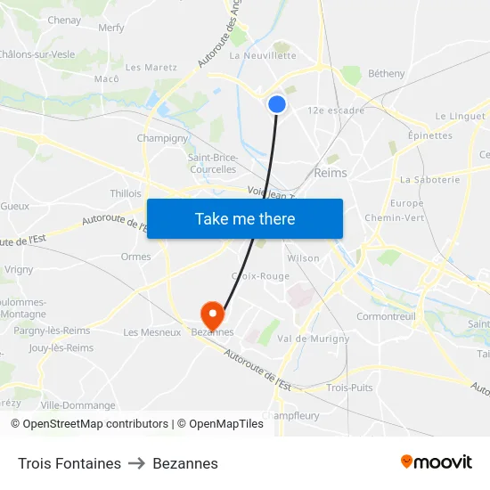Trois Fontaines to Bezannes map