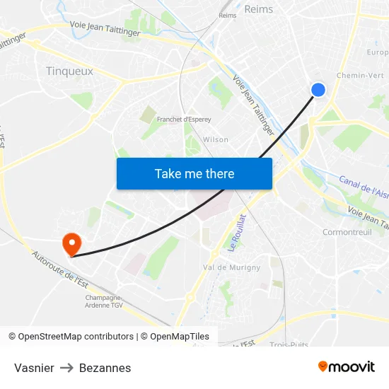 Vasnier to Bezannes map