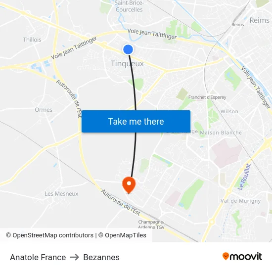 Anatole France to Bezannes map