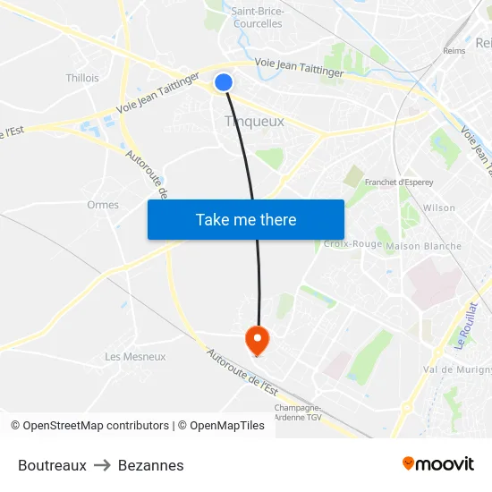 Boutreaux to Bezannes map