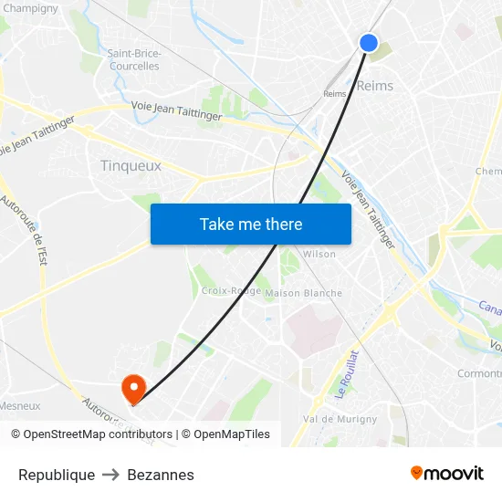 Republique to Bezannes map