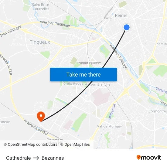 Cathedrale to Bezannes map