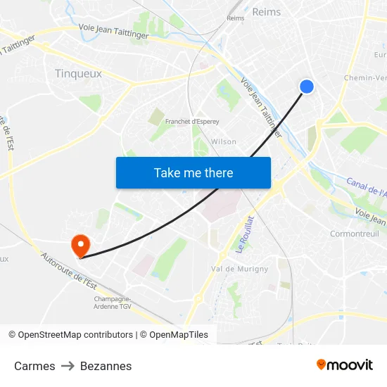 Carmes to Bezannes map
