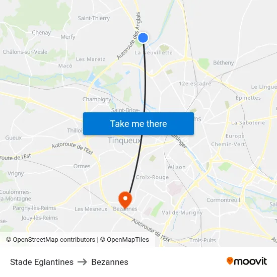 Stade Eglantines to Bezannes map