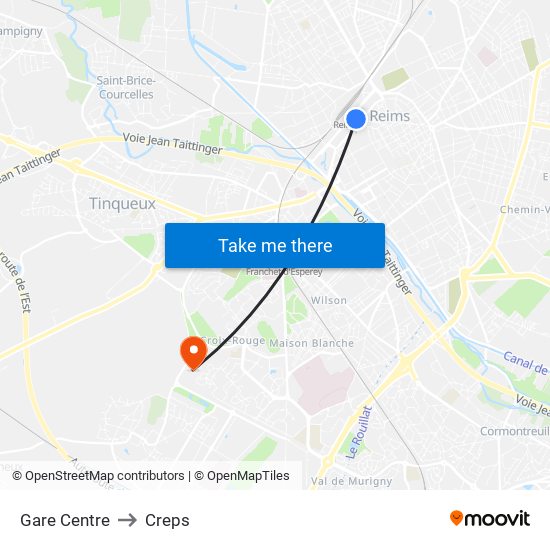 Gare Centre to Creps map