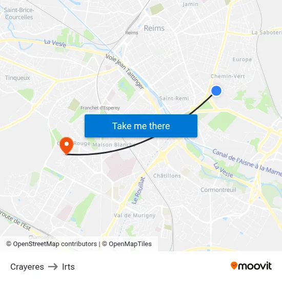 Crayeres to Irts map