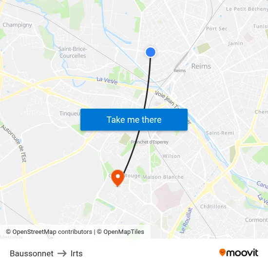 Baussonnet to Irts map