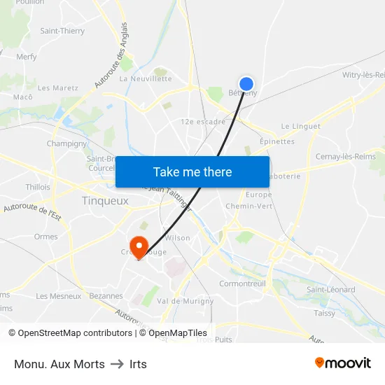 Monu. Aux Morts to Irts map